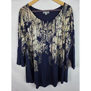 JM Collection Women's Top Size 2X Blue & Gold Flower Shimmer 3/4 Sleeve Shirt